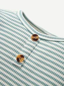 Cozy Pixies Em bé Con trai Sọc Vòng cổ Áo Với Trang trí huy hiệu quần yếm & Trở viền Quần Bộ - Màu xanh Bạc hà - Xem 5