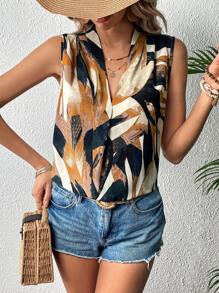 SHEIN LUNE 夏季休閒拼色v領無袖上衣 - 黃色 - 查看 6