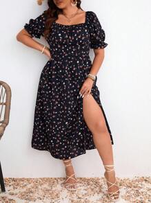 SHEIN Frenchy 大码女式夏季优雅长裙，带泡泡袖和碎花 - 彩色 - 查看 3