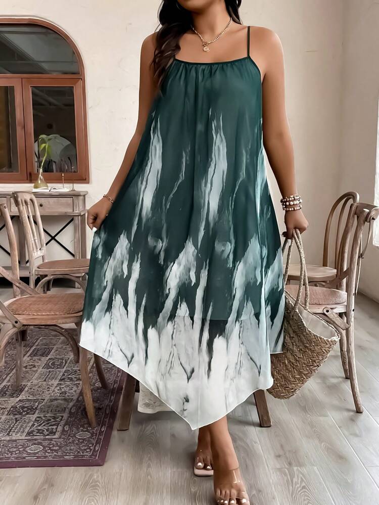 Plus Size Women's Tie-Dye Uneven Hem Spaghetti Strap Dress