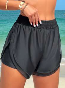 Swim SPRTY Summer Beach Ladies' Solid Color Elastic Waist Beach Shorts - Black - View 4