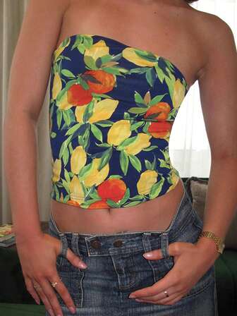Women's Lemon Print Casual Bandeau Top
