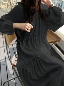 DAZY 女式春秋长袖圆领纯色宽松中长连衣裙 - 黑色 - 查看 3