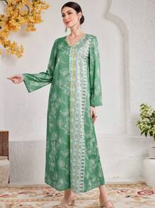 Al Najma Floral Printed V-Neck Bell Sleeve Loose Casual Dress