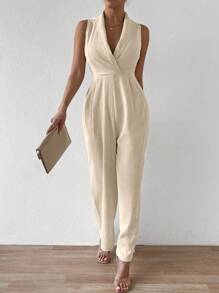 Chiquease Mono de verano plisado de color sólido sin mangas con cuello de chal y cuello halter para mujeres - Albaricoque - Ver 1