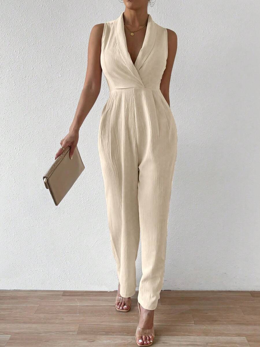 Chiquease Mono de verano plisado de color sólido sin mangas con cuello de chal y cuello halter para mujeres - Albaricoque - Ver 1