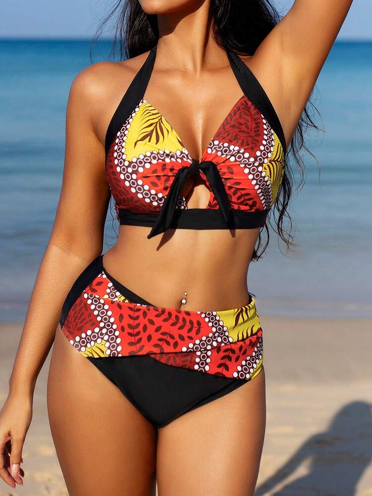 Ladies' Splicing Floral Print Color Block Cut-Out Halter Neck Two Pieces Bikini Set Summer Beach