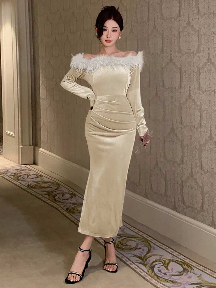 Women Elegant Off Shoulder Ruffle Trim Ruched Dress, Birthday Prom Dress,Fall Clothes Long Sleeve Dress