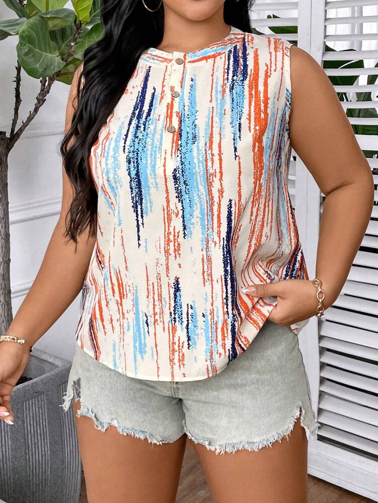 Plus Size Printed Half-Button Placket Sleeveless Shirt With Full-Frontal Print