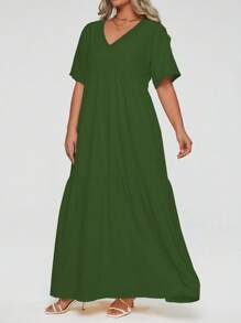 Breezaya Đầm Maxi Tay Ngắn Cổ Chữ V Mùa Hè Size Lớn Cho Nữ - xanh quân đội - Xem 3