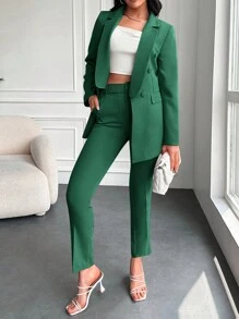 EURMUSE Double Breasted Blazer & Pants - Dark Green - View 5