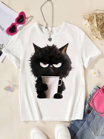 GraphicGems Mädchen Teenager Kurzarm schwarze Katzen Muster witziger Ausdruck Grafik Lässig T-Shirt, Sommertags-Outfit