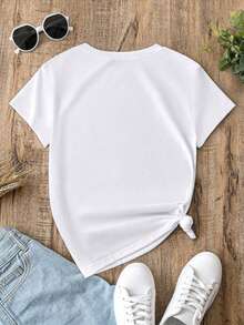 Calvaya Plus Size Tea Bag & Letter Print Round Neck Short Sleeve T-Shirt - White - View 2