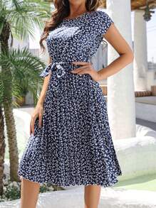 Women's Summer Bohemian Floral Print Batwing Sleeve Dress Tie Waist Ruffle Hem Casual Vacation Maxi Navy Blue Beach Sundress - 藏蓝色 - 查看 6