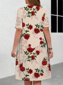 EMERY ROSE 優雅大尺碼女裝花卉印花短袖緊身連身裙，帶有玫瑰圖案 - 粉色 - 查看 2