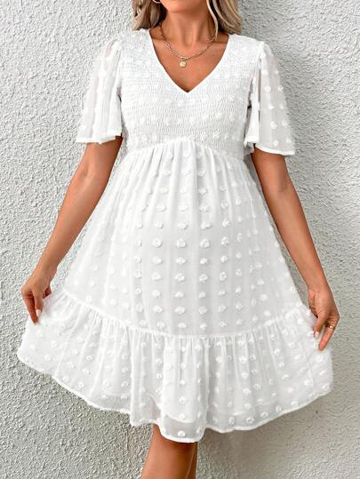 SHEIN Maternity Swiss Small Dot Design V-Neck Ruffle Hem Wrap Dress