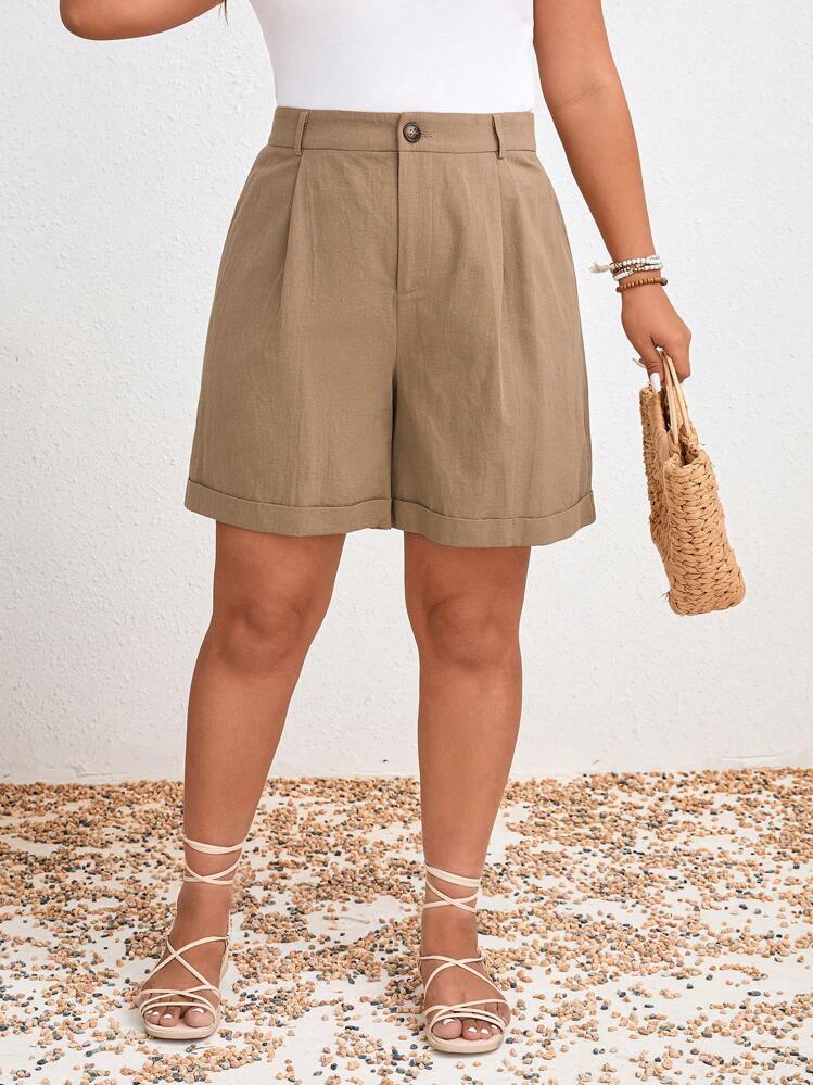 SHEIN Frenchy Shorts Bermudas De Cintura Alta Elástica Casuales Para Mujeres De Talla Grande Con Dobladillo Con Puños - Caqui - Añade 1