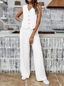 SHEIN Frenchy Women's Simple Colorblock Sleeveless Top And Long Pants Set, For Daily Wear Old Money Style Teacher Outfits  Work Women DressesTwo Piece Suit Earthy Clothes - White - View 5