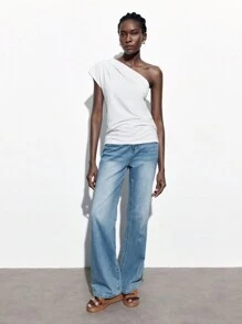 Maija Women's Solid Color Asymmetrical Neckline Top For Summer - White - View 6