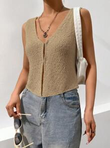 Chiquease Casual V-Neck Spring/Summer Knitted Cardigan - Khaki - View 3
