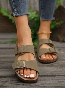 女性夏季簡約舒適開放後背假扣鬆糕底黑色涼鞋