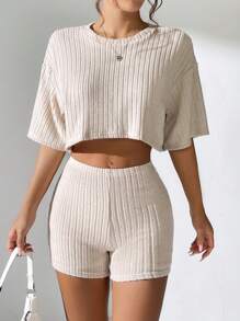 SHEIN EZwear 女士簡約純色短袖上衣和短褲套裝