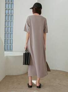 Dazy-Less Vestido casual de verano para mujer con cuello redondo, mangas cortas, hombros caídos y unicolor. Vestido casual y de negocios casual para mujeres