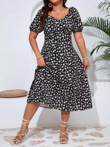 SHEIN Frenchy 大尺碼夏季碎花泡泡袖收腰連身裙 - 黑與白 - 查看 4