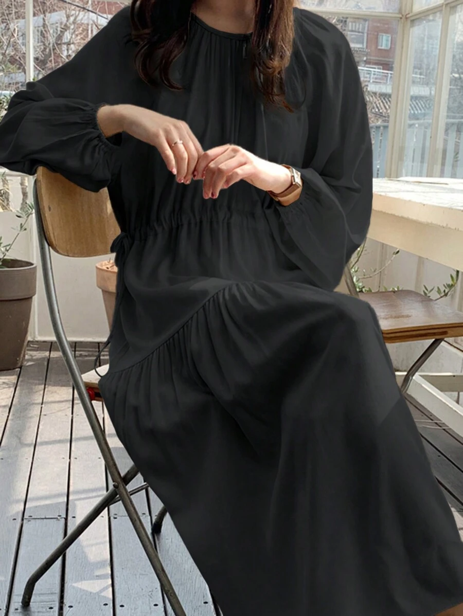 DAZY 女式春秋长袖圆领纯色宽松中长连衣裙 - 黑色 - 查看 1