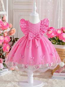 SHEIN Glamorique Kids Baby Girl And Elegant Butterfly Decorated Mesh Ruffle Hem Embroidery Dress - Hot Pink - View 2