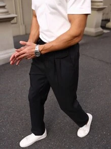 Manfinity Mode 男式褶皺蓋口細斜口袋修身褲 - 黑色 - 查看 3