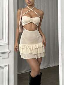 SHEIN Unity Của phụ nữ Màu thuần Xếp li Dây chéo Cái cổ Cắt ra Phân cấp Đầm Mini - Màu be - Xem 3