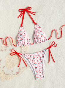 SHEIN Swim 女士时尚两件套比基尼套装带随机印花胸罩和比基尼套装下装比基尼套装适合夏季海滩 - 彩色 - 查看 5