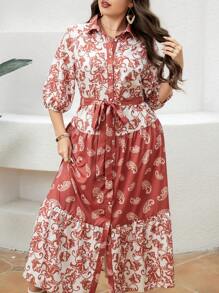 Mulvari Plus Size Women's Lantern Sleeve Peasant Printed Dress - Khaki - View 5