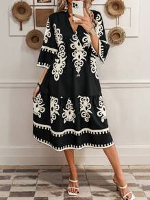 Breezaya Random Print Notched Neck Ruffle Hem Flounce Sleeve Holiday Style Dress For Summer - Black - View 1
