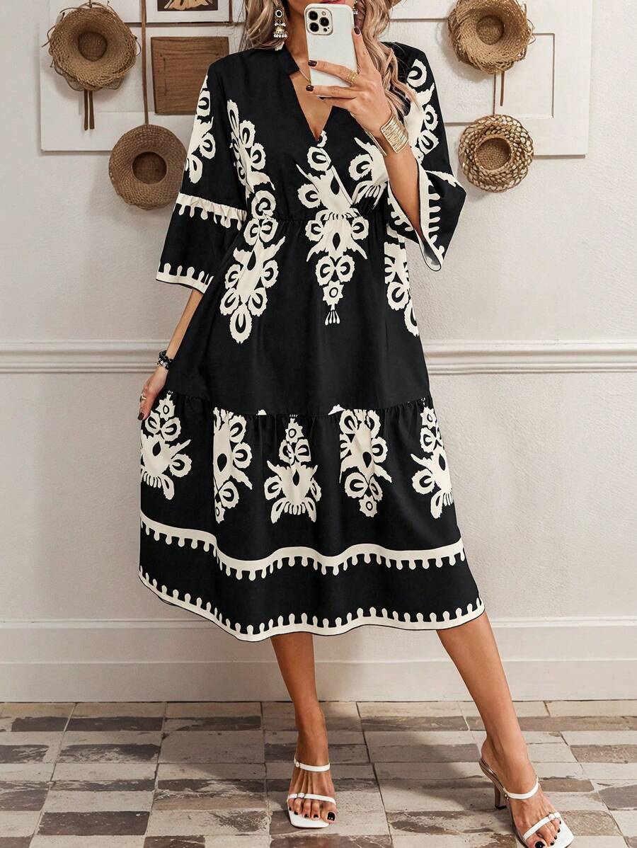 Breezaya Random Print Notched Neck Ruffle Hem Flounce Sleeve Holiday Style Dress For Summer - Black - View 1