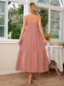 SHEIN Solid Color V-Neck Ruffle Hem Nursing Maternity Dress - Pink - View 2