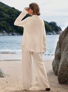 SHEIN VCAY 純色垂墜肩設計長袖襯衫和褲子套裝 - 杏色 - 查看 2