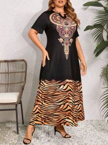 Mulvari Plus Size Women's Tiger Pattern Patchwork Short Sleeve Arabic Clothing