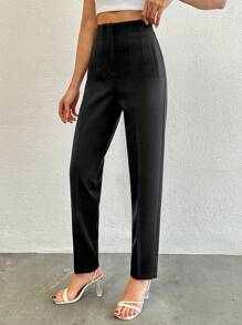 SHEIN Tall Pantalones Franceses Con Pliegues Y Cono Estrecho De Color Sólido - Negro - Ver 4