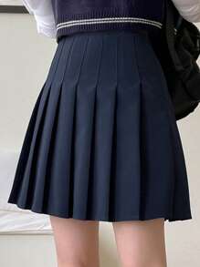 DAZY Women Fashionable Academy Style Solid Color Pleated Skirt Fall - Navy Blue - View 5