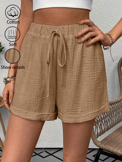 SHEIN LUNE Women's Solid Color Drawstring Summer Shorts