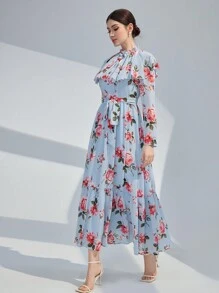 Modelyn 女士春夏季高雅花卉印花立領長袖洋裝,荷葉邊設計 - 藍色 - 查看 6
