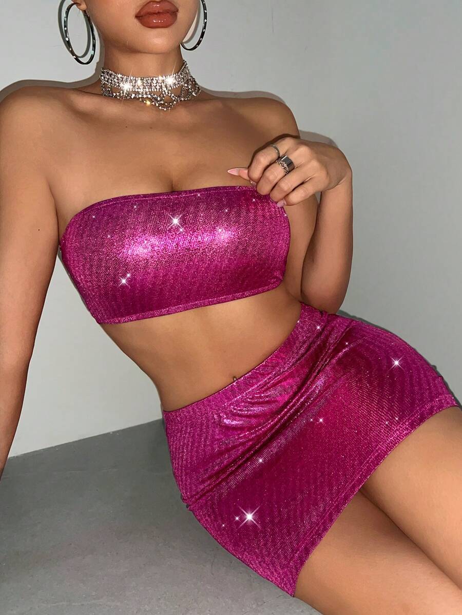 SHEIN Unity Women Solid Color Fashionable Music Festival Style Strapless Crop Top And Skirt Set - Hot Pink - View 1