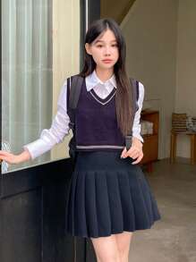 DAZY Women Fashionable Academy Style Solid Color Pleated Skirt Fall - Navy Blue - View 3