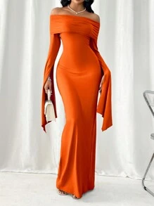 SHEIN Privé Spring Summer Off Shoulder Split Sleeve Bodycon Dress - Orange - View 1
