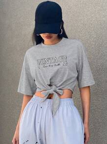 DAZY Loose Fit Cropped T-Shirt With Drop Shoulder, Knot Front Hem And Letter Print - Light Grey - View 1