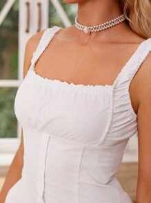 GENKIRA French Style Fresh Summer Plain Sleeveless Square Neck Ruched Waist A-Line Dress - White - View 7