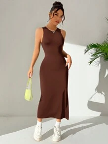 SHEIN EZwear 夏季簡約無袖魚尾搭扣露背連衣裙 - 咖啡棕 - 查看 5