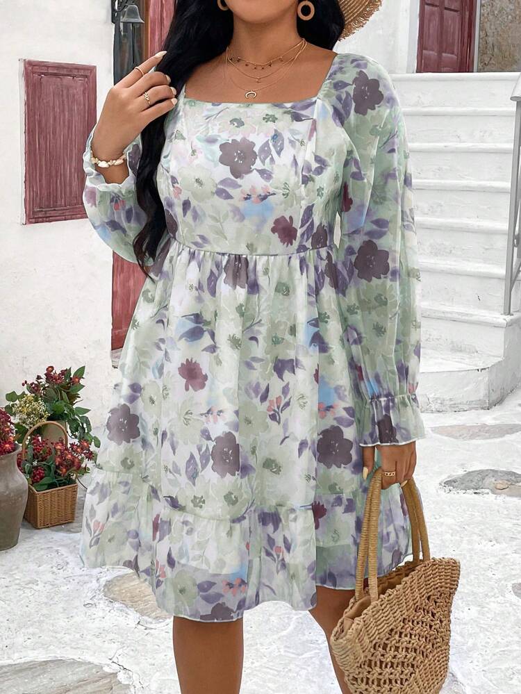 Plus Size Spring/Summer Floral Print Ruffle Hem Dress